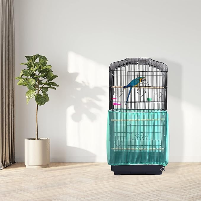 Daoeny Universal Bird Cage Cover, Adjustable Seed Feather Catcher, Soft Airy Nylon Mesh Parrot Net, Birdcage Cover Skirt Sheer Guard for Round Square Cages (Green)