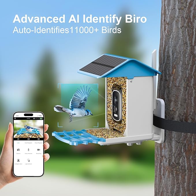 Smart Bird Feeder with Camera, Solar Powered, AI Recognition, Auto-Capture & Instant Notify, Identify 11,000+ Birds, 2K HD Footage, for Bird Enthusiasts, Outdoor Garden.