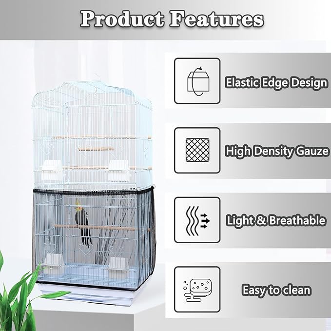Bird Cage Seed Catcher - Adjustable Netting Cover Guard Skirt for Parrot Parakeet Macaw Round Square Cages - Black