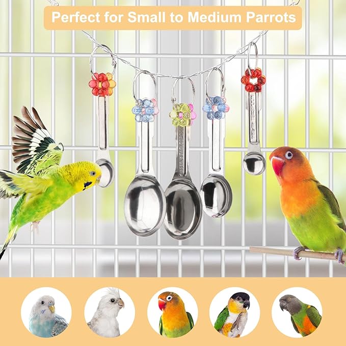 Hypeety Stainless Steel Bird Bell Toys Heavy Duty Hanging Spoons Rings Safe Metal Cage Hanging Bells Toy for Cockatoos Macaws African Grey Large Parrots and Birds (5 Spoons)