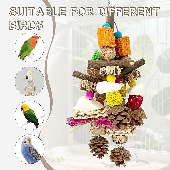 Parrot Toys, Natural Wooden Nutrient-Rich Bird Toy with Cuttlefish Bone, Pine Cones, Wooden Mango & Carambola, Corn Cob Chew Toy, Hanging in Cage for Cockatiel, Quaker Parrot,Conures,Monk Parakeet