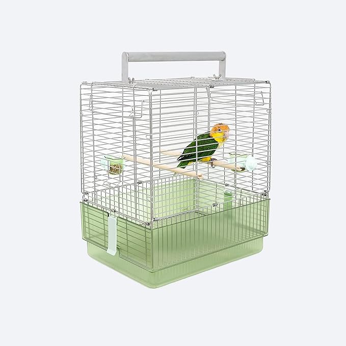 304 Stainless Steel Travel Bird Cage, 17 Inch Foldable Carrier for Conures Cockatiels Grey Parrots Caiques, with Aluminum Handle Perch (Green, Large Birdcage)
