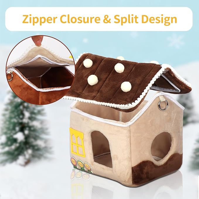 Bird Bed for Cage & Parakeet Nest - Winter Warm Plush Cotton Hanging Hammock, Dual Use Hideaway for Cockatiels, Budgies (Brown)