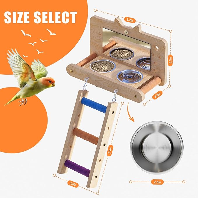 Perch Platform Bird Toys with 304 Stainless Steel Food Cup, Bird Mirror Climbing Ladder Swing, Parakeet Cage Accessories - for Cockatiels, Budgies, Pacific Parrotlets, Finch, Canaries