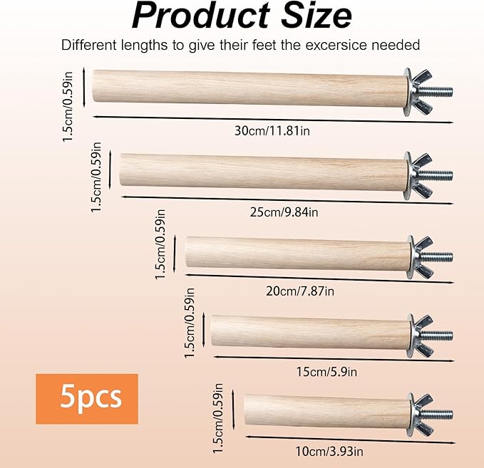 Bird Perches for Cage, Natural Wood Bird Perches Set of Five, Essential Foot Exercise and Health Maintenance for Small to Medium Birds, Multiple Lengths Include 10cm 15cm 20cm 25cm 30cm