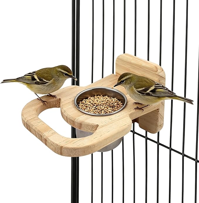 Bird Feeding Cup with Platform, Hanging Stainless Steel Parrot Feeding Bowl, Wooden Perch Stand, Bird Cage Food and Water Feeder for Parakeets, Cockatiels and Lovebirds