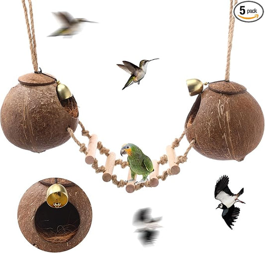 Briwooody Coconut Shell Bird Nest House Breeding Bed Nestingand Anti-pecking Bite with Natural Coir Fiber Bird Nest Toy Bell for Parrot Budgie Parakeet Cockatiel Conure Lovebird Canary Finch (Stylish)