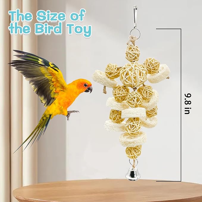 Hamiledyi Bird Toys Foraging Star Bird Chew Toy Super Shredder Ball Will Keep Birds Busy Foraging for Hidden Treasures Parrot Cage Toys Cages Shredder Cockatiel Conure (1 x Rattan Chew Ball String)