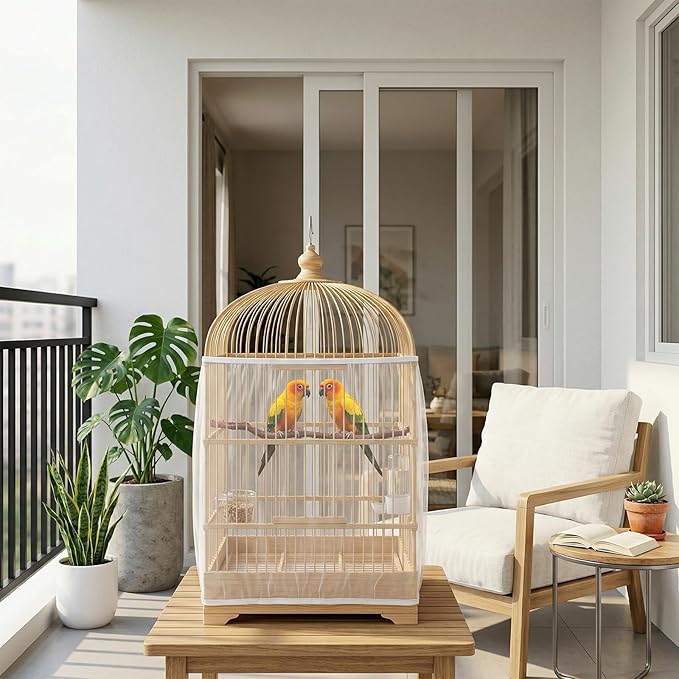 2Pcs Bird Cage Seed Catcher, Adjustable Bird Cage Skirt Cover, White Stretchy Birds Cages Netting for Round Square Parrot Parakeet Macaw African Cages