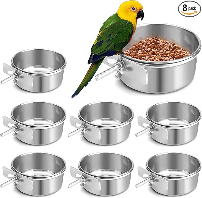 Bird Cage Feeder, Bird Feeder for Cage, 8 Pcs 10OZ Stainless Steel Parrot Food Water Bowls with Clamp Holder, Hanging Feeding Dish Cups for Cockatiel Parakeet Conure Budgie Lovebird Small Animal