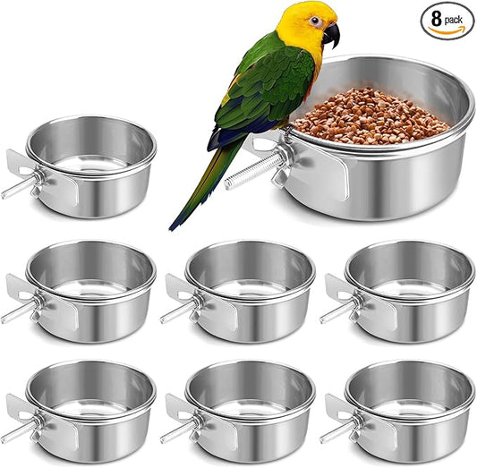 Bird Cage Feeder, Bird Feeder for Cage, 8 Pcs 10OZ Stainless Steel Parrot Food Water Bowls with Clamp Holder, Hanging Feeding Dish Cups for Cockatiel Parakeet Conure Budgie Lovebird Small Animal