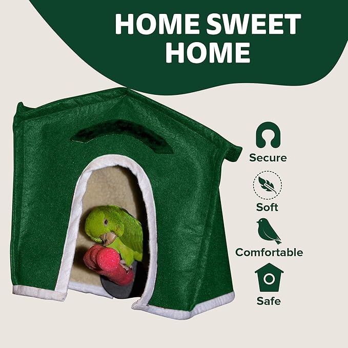 Crazy K Farm - Avian Haven Bird Hut, Comfy Bird Snuggle Hut, Plush Pet Bird Hut for Sleeping and Snuggling, Hanging Bird Cage Hut with Sherpa, Cozy Bird Cage Accessories Large, Green