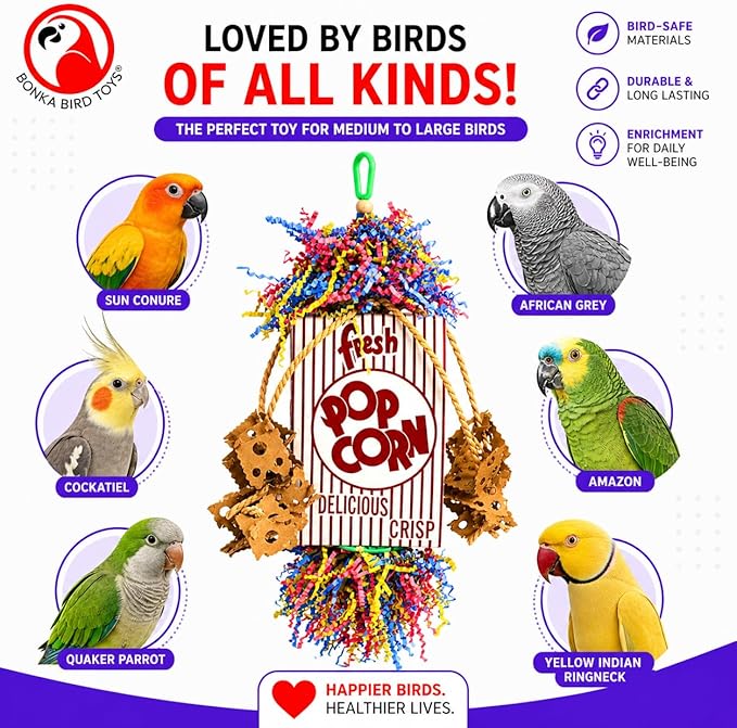 Bonka Bird Toys Popcorn Explosion Bird Toy 15" x 6" Foraging Shredding Toy for Small to Medium Birds Parakeets Cockatiels Conures Natural Paper Cardboard Hanging Cage Toy (Pack of 2)