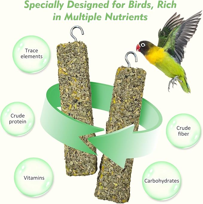 Fhiny 2 PCS Parakeet Treats, Natural Cockatiel Food Eucalyptus Leaves Mixed Grains Parrot Snack Sticks Bird Treats for Budgerigars Lovebirds Canaries Conurus Finches