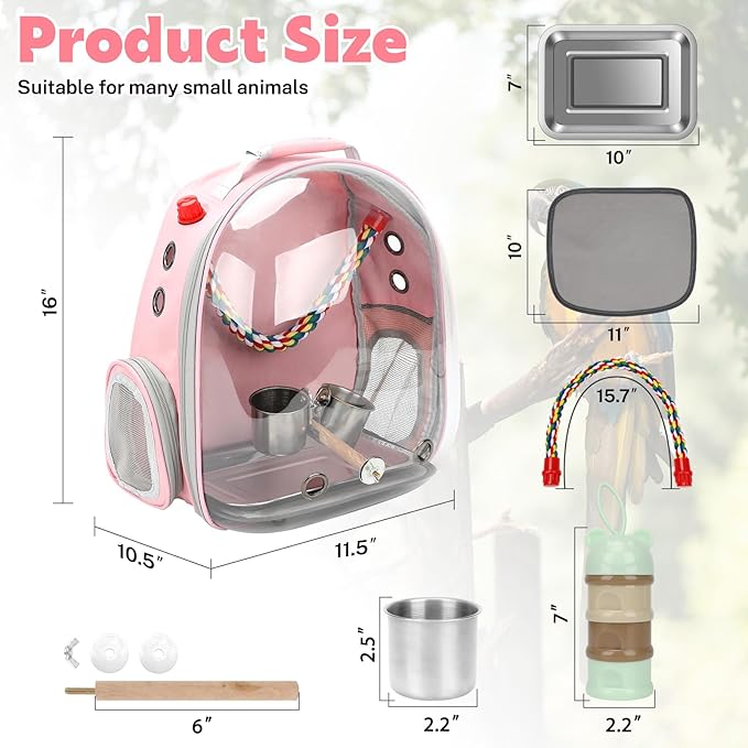 Rypet Bird Carrier Backpack Parrot Portable Breathable Bag Pet Bird Lightweight Travel Cage with Standing Perch and Stainless Steel Tray（Pink）