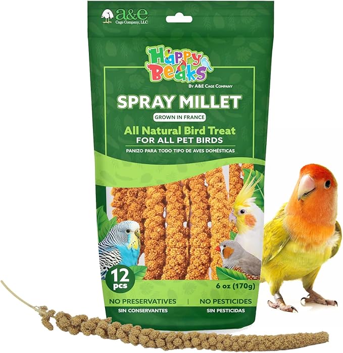 A&E Cage Co AE9054 Premium French Spray Millet for Birds – 6oz Retail Bag with 12 Natural Millet Sprays – Healthy Bird Treat for Budgies, Parakeets, Cockatiels, Finches & Small Birds