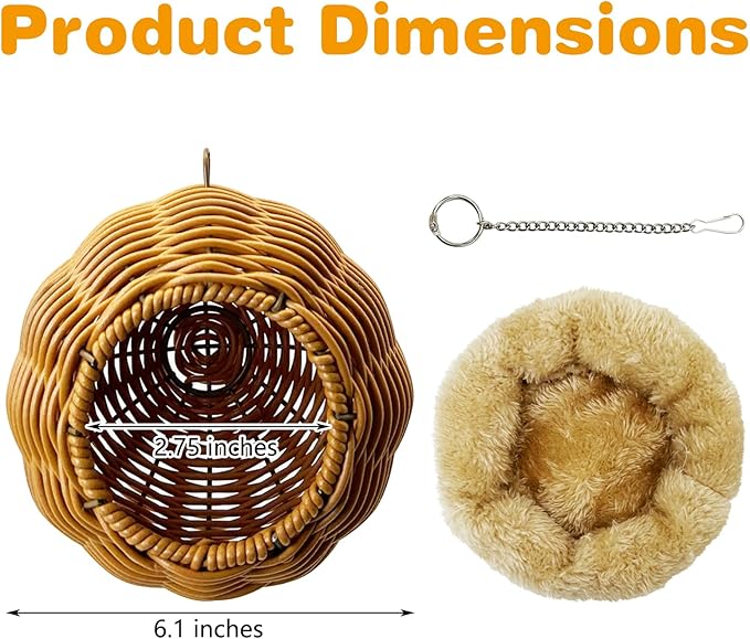 Rattan Birds Nest for Cage Hanging Parakeet House Chewproof Parrot Breeding Bed Small Budgies Hideout Swing Hut Bird Cage Accessories for Lovebirds Cockatiel Conure Finch Canary (Brown)