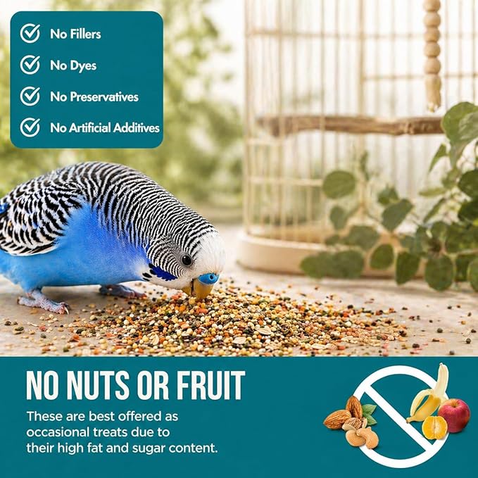 Organic Parakeet Food - No Fillers, Fatty Seeds, or Dyes - Budgies, Lovebirds & Parrotlets - Premium Human Grade Seed Mix, Grain & Wholesome Veggies – Made in USA (4 lbs)