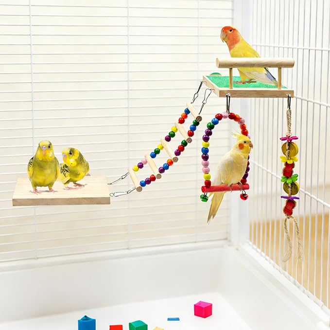 5 Pack Bird Cage Accessories, Multicolor Wooden Enrichment Playground with Swing Perch, Bridge, Chew Toys, Bird Supplies for Budgies, Cockatiels, Lovebirds, Small to Medium Birds