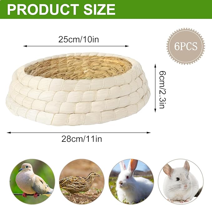 6 Packs Woven Straw Bird Nests, 9" Handmade Flat Base Spawning Nest,Racing Pigeon Breeding Hatching Nest Box Egg Basin for Quails Doves and Small Birds,Pet Cage Supplies