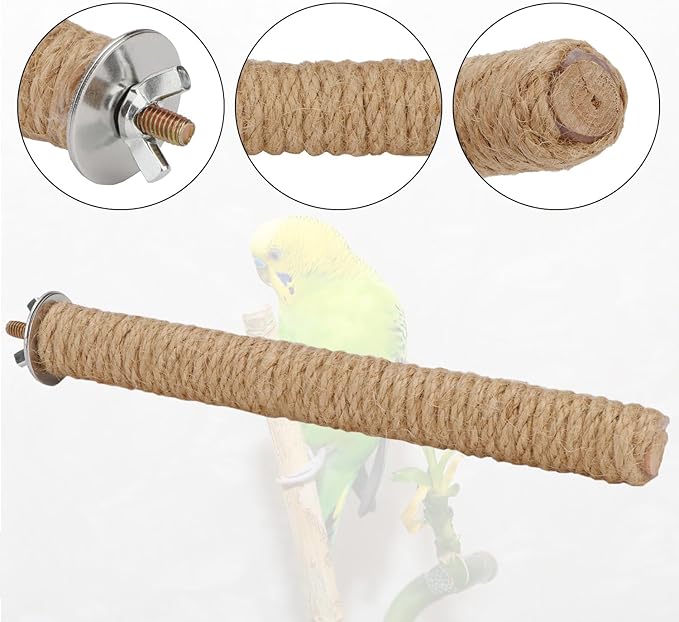 Hypeety Bird Perch Stand Natural Wood Parrot Hemp Rope Perch Birdcage Accessories Perch Standing Toy for Bird Parrot Macaw Cockatoo African Greys Budgies Parakeet 2Pcs (30cm/11.81in)