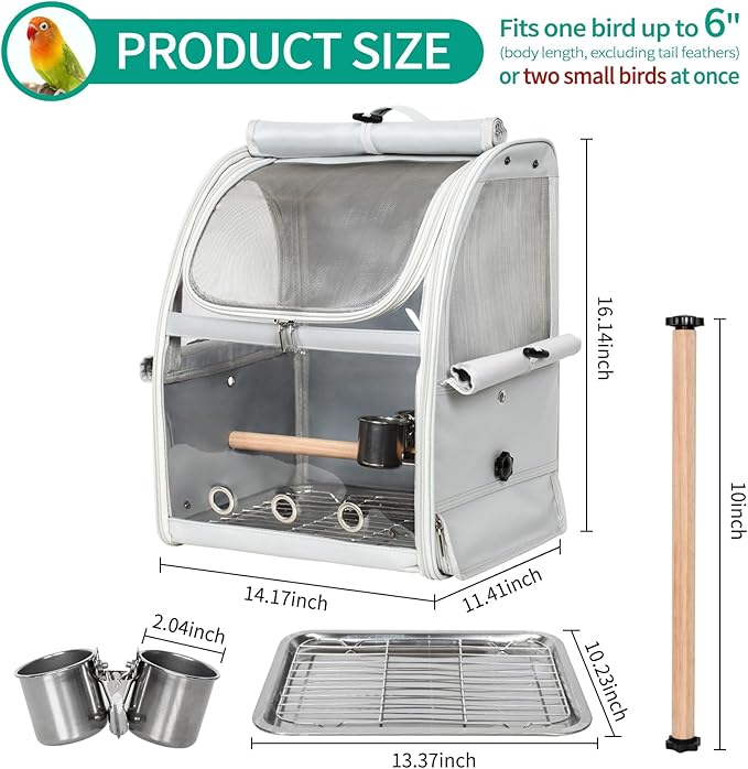 Bird Carrier Bag, Bird Travel Cage with Standing Perch and Indestructible Stainless Steel Mesh, Protable Transparent Breathable Carrier with Feeder Cups for Small Birds Parrot Parakeet, Grey