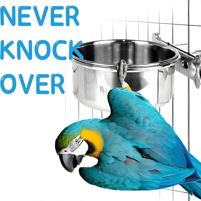Parrot Feeding Cups Stainless Steel Bird Cage Feeder & Water Bowl - Chew-Proof Food Bowls with Clamp Holder for Parrot, Cockatiel, Conure, Budgie, Macaw, and Small Animals (L-1Pc)
