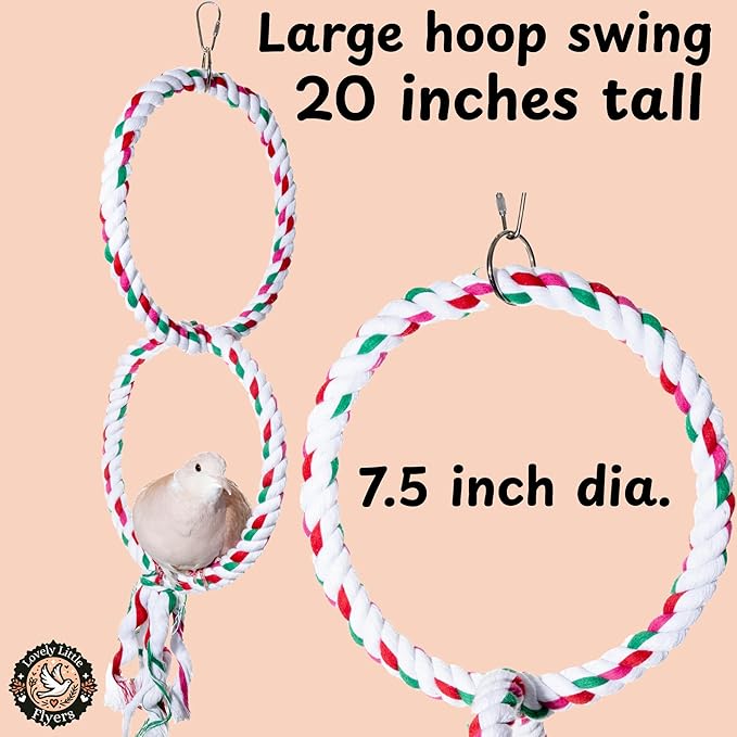 Double Hoop Bird Swing - Cotton Rope Hanging Perch Rings, Climbing Swing & Toy for Parrots, Budgies, Parakeets, Cockatiels, Conures - Large Bird Swing Toy & Cage Accessory