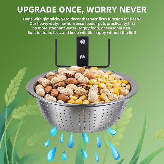 Squirrel Feeder with 8.5" Colander Bowl Tree/Fence Mounted, 2 Corn Cob Spikes for Various Food Backyard, Metal Squirrel Feeders for Outside, Removable Feed Bowl Nice to Clean/Refill,1 Set