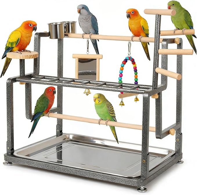 halinfer Bird Playground for Indoor Use, Bird Playstand with Ladder for Small to Medium Size of Cockatiel Parakeet Conure (Metal Ladder Version)