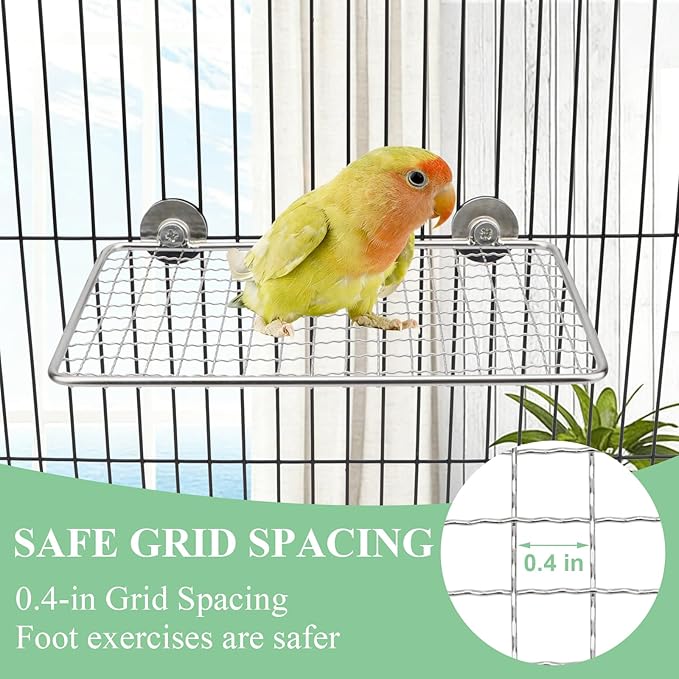 Hypeety 2pcs Stainless Steel Bird Perch Open-Grid Perch for Small and Large Parrots Claw-Friendly Grip Perch Easy Clean Cage Stand Bird Cage Platform for Budgies Cockatiels Conures Quakers Lovebirds