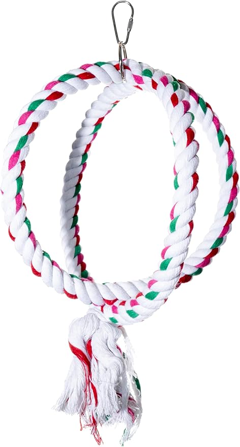 Double Hoop Bird Swing - Cotton Rope Hanging Perch Rings, Climbing Swing & Toy for Parrots, Budgies, Parakeets, Cockatiels, Conures - Large Bird Swing Toy & Cage Accessory