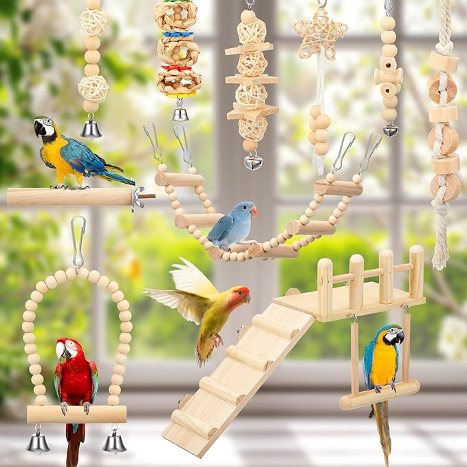 10 Pcs Bird Toys for Parakeets Cage Accessories Parrot Swing Toys and Wooden Perches Platform with Climbing Ladder for Chewing Standing Hanging Swinging Training Budgerigar Conure Cockatiel Finches