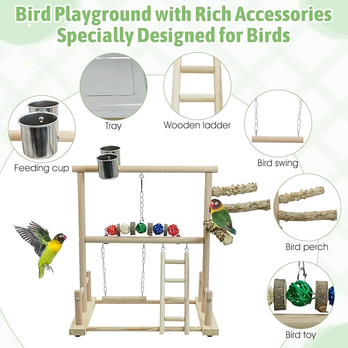kathson Bird Play Stand Parrot Perch Stand Natural Wood Bird Playground Playstand for Cockatiel Conures Parakeet Parrots Budgie Lovebird Finch Small Birds