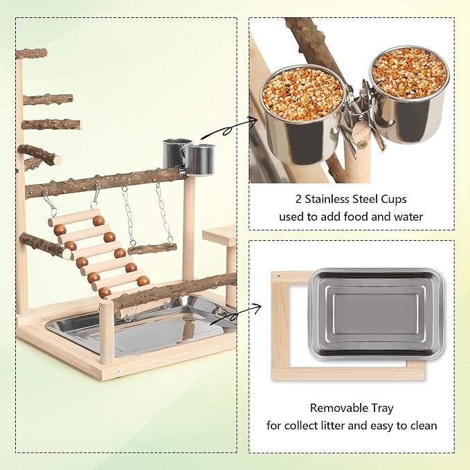 Wood Pet Parrot Playground Bird Play Stand Toys Perch with Feeder Cups for Cockatiel Parakeet Lovebirds Conure (Natural)