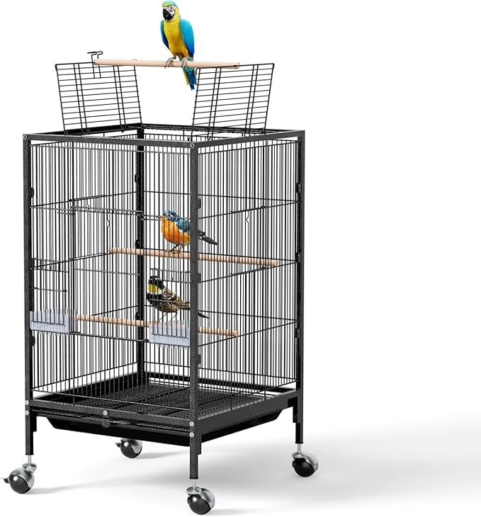 VINGLI 38-inch Bird Cage with Wheels, Durable Wrought Iron Parakeet Cage with Slide Out Tray, Black Bird Cages for Parakeets/Lovebird/Cockatiels/Budgies and Other Small/Medium Birds (Medium-38 inch)