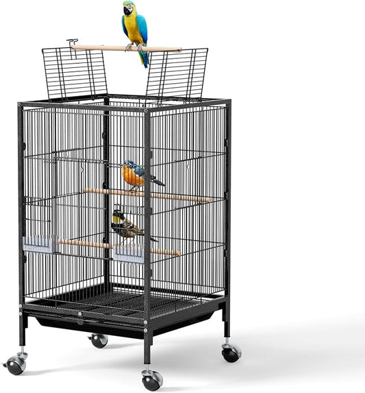 VINGLI 38-inch Bird Cage with Wheels, Durable Wrought Iron Parakeet Cage with Slide Out Tray, Black Bird Cages for Parakeets/Lovebird/Cockatiels/Budgies and Other Small/Medium Birds (Medium-38 inch)