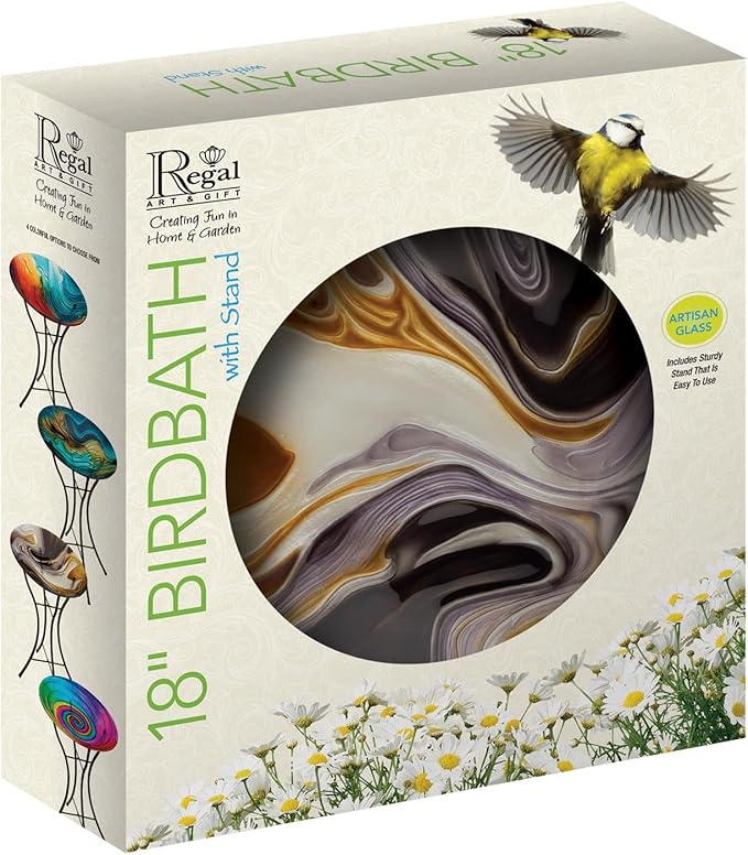 Regal Art & Gift 23" Bird Bath with Stand - Durable Glass Bowl with Heavy-Duty Metal Stand, Easy to Fill, Ideal for Patio, Porch & Garden Décor - Swirl Black