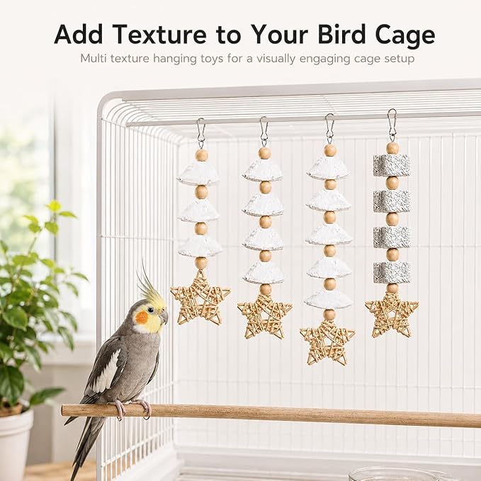 4 Pack Hanging Bird Chew Toys for Small Birds Cuttlebone and Pumice Cage Toys with Rattan Star and Wood Beads for Cockatiel Budgie Parakeet Conure Lovebird