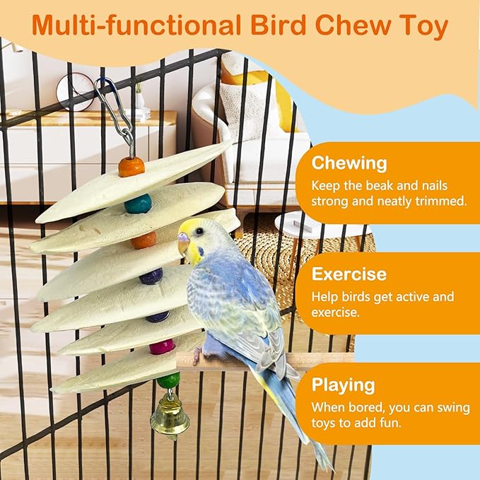 3 Pack Bird Chewing Toy Cuttlebone Parrot Toy with Bell Hanging Bird Beak Grinding Stone Parakeet Cage Accessories for Small & Medium Budgies Lovebirds Cockatiels (Flake, 6 Per Skewer)