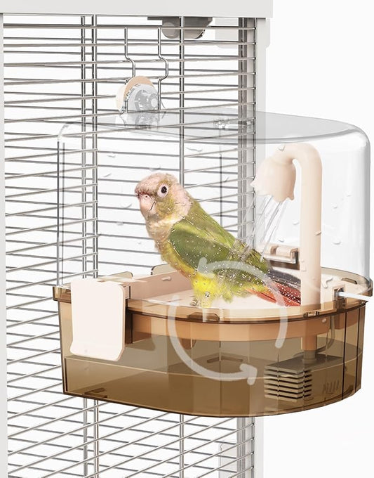 Automatic Bird Baths for Cage – Indoor Parakeet Bath with Pump, Bird Shower with 2 Modes Running Water, Bird Cage Accessory for Pet Birds Conure Budgies Cockatiels Lovebird (Light Brown)