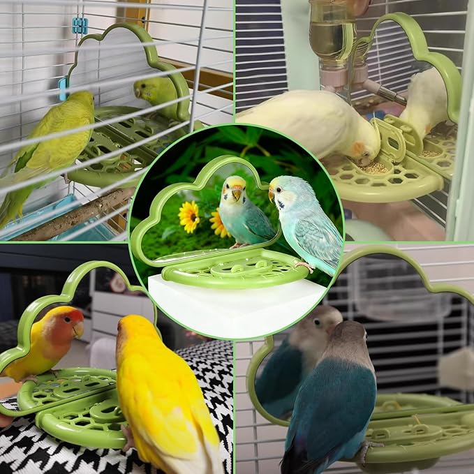 Bird Mirror with Perch,Interactive Birds Toys Slow Feeder for Alleviate Boredom,Parrot Mirror Bird Cage Accessories for Parakeet,Cockatiel, Conure, Lovebird, Finch, Canary,Budgie