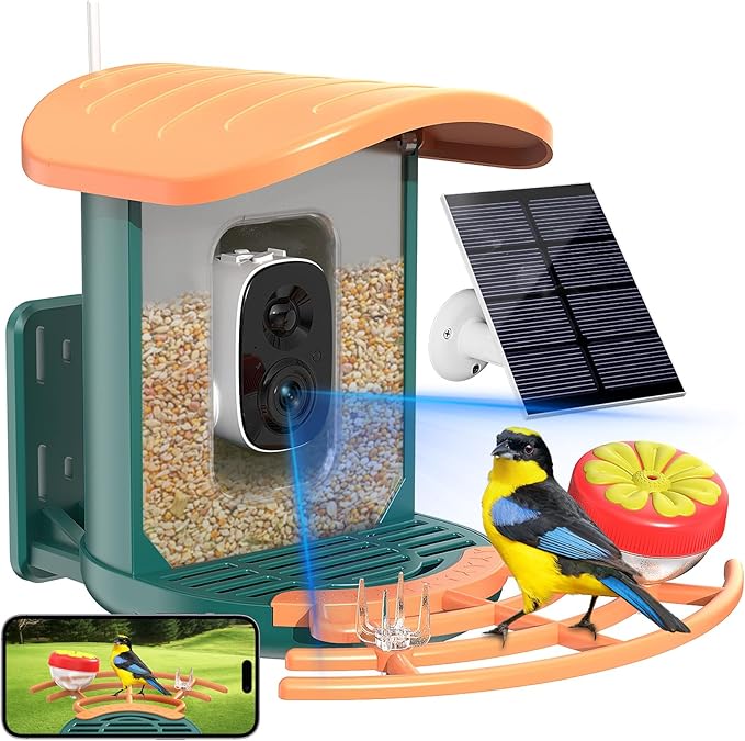 Bird Feeder with Camera, 2K HD Camera Birds Feeder with AI Bird Recognition, Solar Powered Smart Birdfeeder with App Control, Color Night Vision, Gift Box Package, Easy Install & Family Sharing