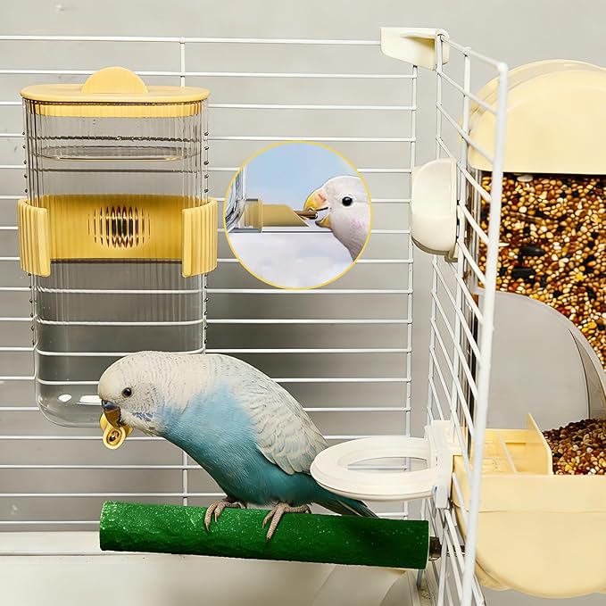 Automatic Bird Feeder Waterer Kit Bird Cage Hanging Waterer Parakeet Leak-Proof Feeder Parrot Vegetable Clips Cage Accessories for Budgies Lovebirds Finches Canaries Parrotlets Conures (Yellow)