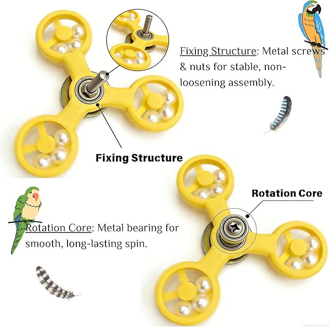 Spinning Bird-Toys Bird Cage Toys & Bird Perch Parrot-Parakeet Budgie Cockatiel Conure Macaw Chicken Parrot Enrichment Cage Accessories Small Animal Chewing Toy (Yellow Spinner)