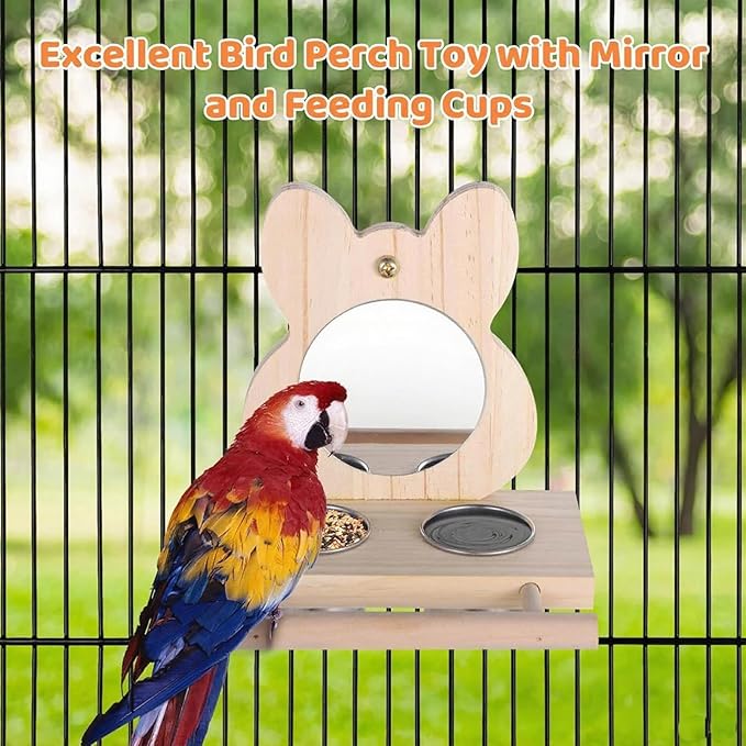 Bird Feeder with Stainless Steel Dish, Natural Wood Perches & Mirror - Easy Clean/Refill for Cockatiels, Lovebirds, Canaries, Finches, Budgies & Small/Medium Birds - Parrot Cage Accessories