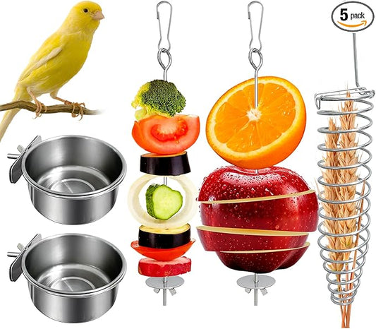 5Pcs Bird Cage Food Bowl Set, Stainless Steel Millet Holder with Parakeet Feeder, Pet Feeding Supplies