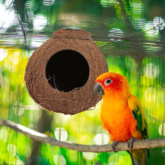Balacoo Coconut Shell Parrot Nest Toy - Interactive Biting Plaything for Parakeets, Cockatiels, and Small Birds - Hanging Birdhouse(6.69 Inch)