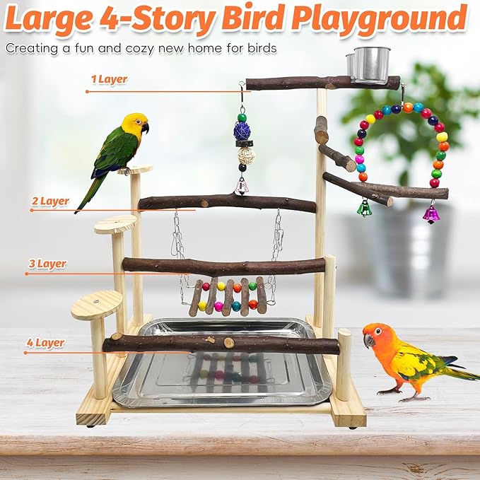 Kathson Wood Bird Playground Parrot Play Stand Bird Stand with Feeder Cups Birds Perch Stand with Ladder Hanging Swing Chewing Toys Conure Cage Accessories for Parakeet Conure Lovebird Cockatiel