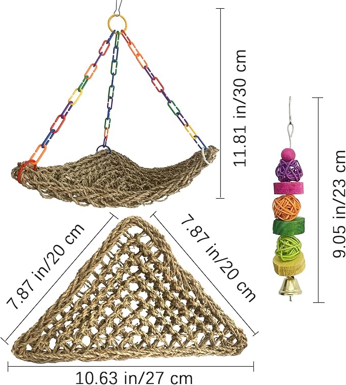 Bird Seagrass Mat Conure Hammock,Parrot Swing Toys Small Triangle Seagrass Woven Birds Net Climbing Chewing Bird Cage Accessories for Parrot Budgies Lovebird Canary Cockatiel Finch Cockatoos